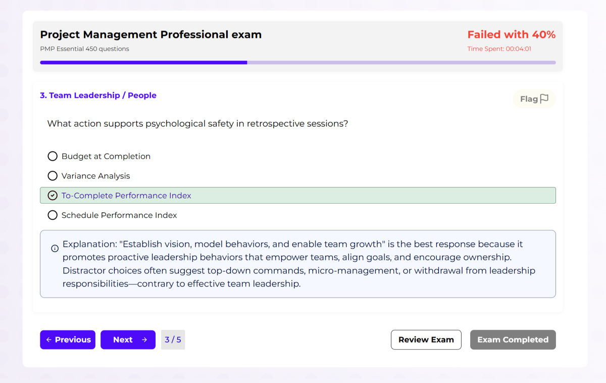 Review screen with correct answer highlighted and a detailed explanation panel.