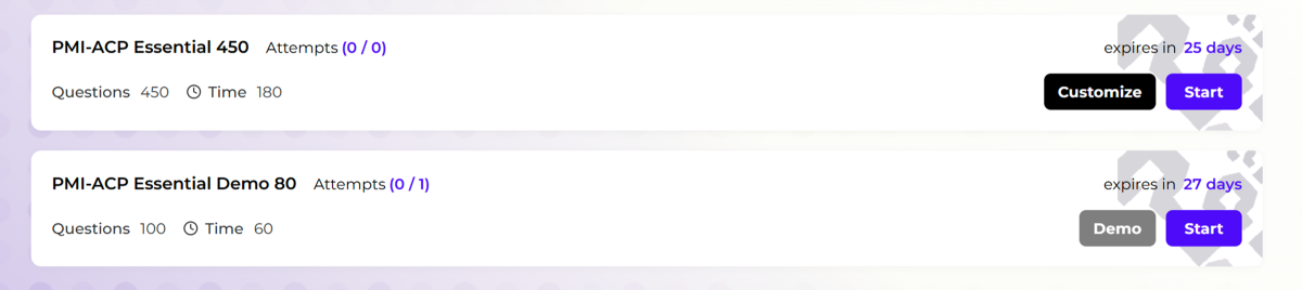 Question Packages list showing PMP, ITIL 4, and PMI-ACP cards with Start and Customize buttons