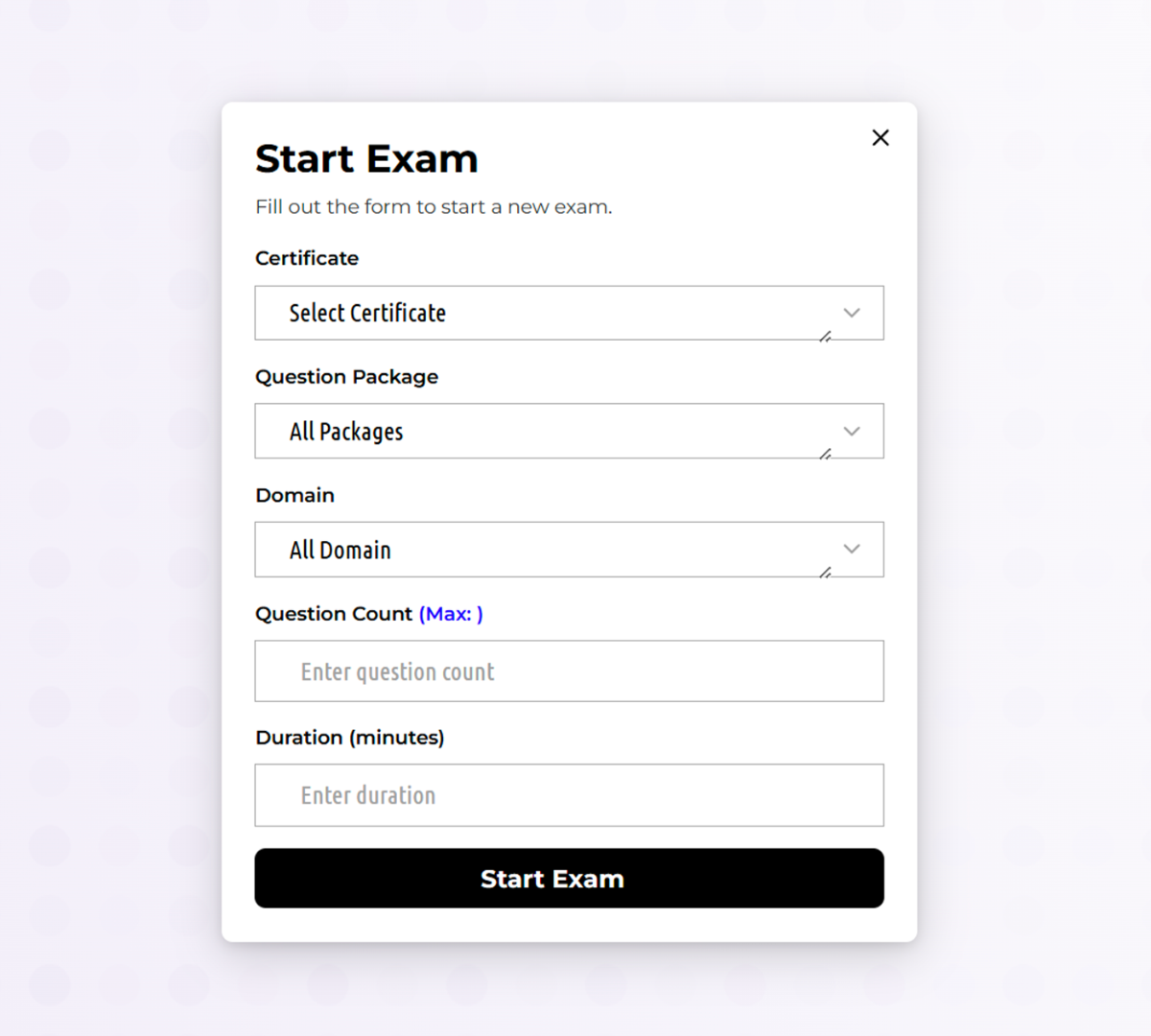 Start Exam panel showing certificate, package, domain, question count, and duration fields
