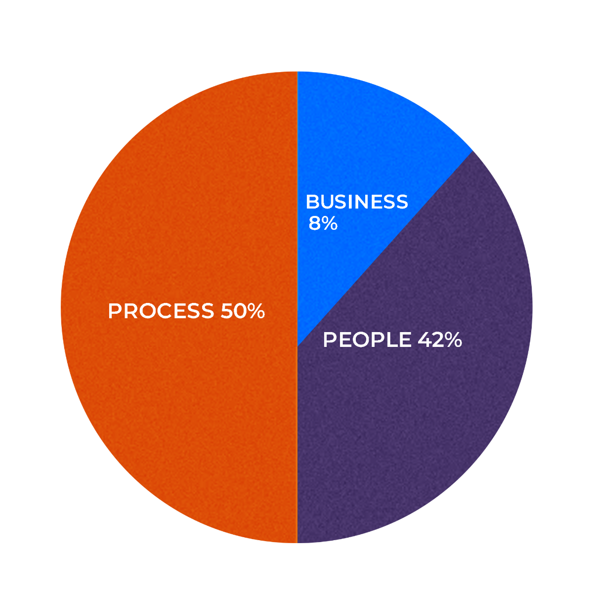 PMP domains pie chart: People 42%, Process 50%, Business Environment 8%