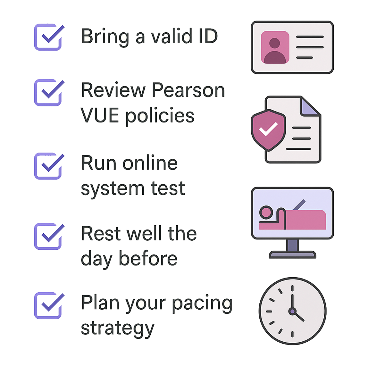PMP exam day preparation checklist with ID, Pearson VUE rules, system test, rest reminder, and pacing plan icons