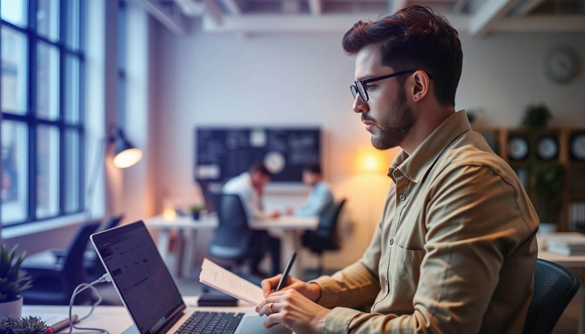 Professional preparing for the PMP exam on a laptop with notes and books