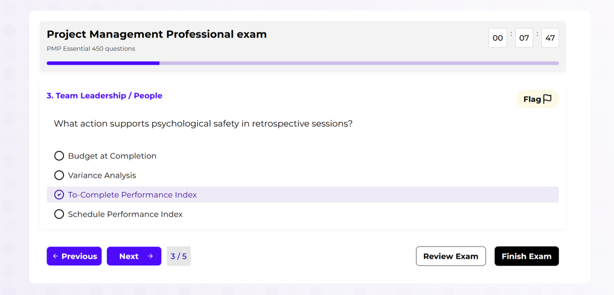 PMP simulator interface with timer, question navigator, and flagging feature