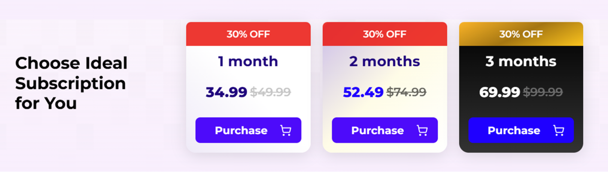 Pricing cards for PMP, ITIL 4, and PMI-ACP with Purchase buttons and access duration